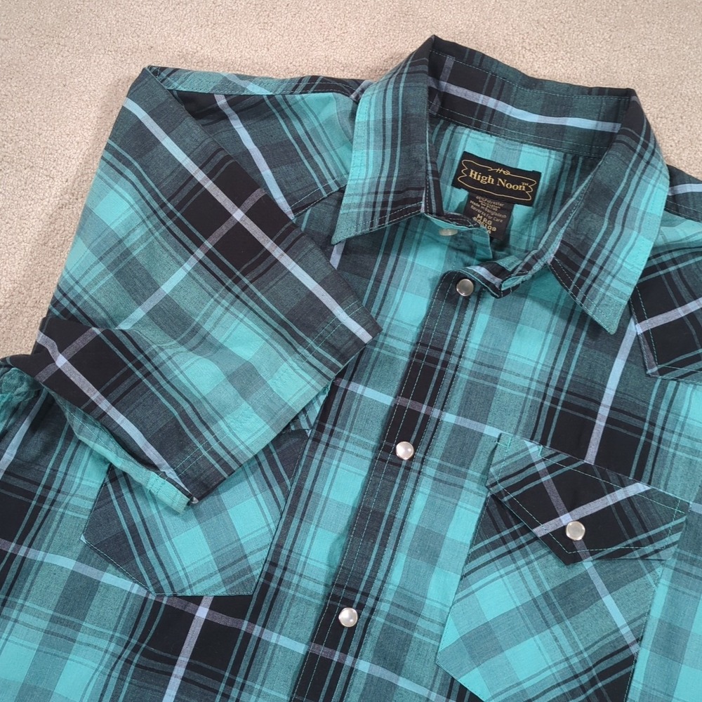 High Noon Shirt Mens Medium Blue Plaid Pearl Snap Western Cowboy Short Sleeve
